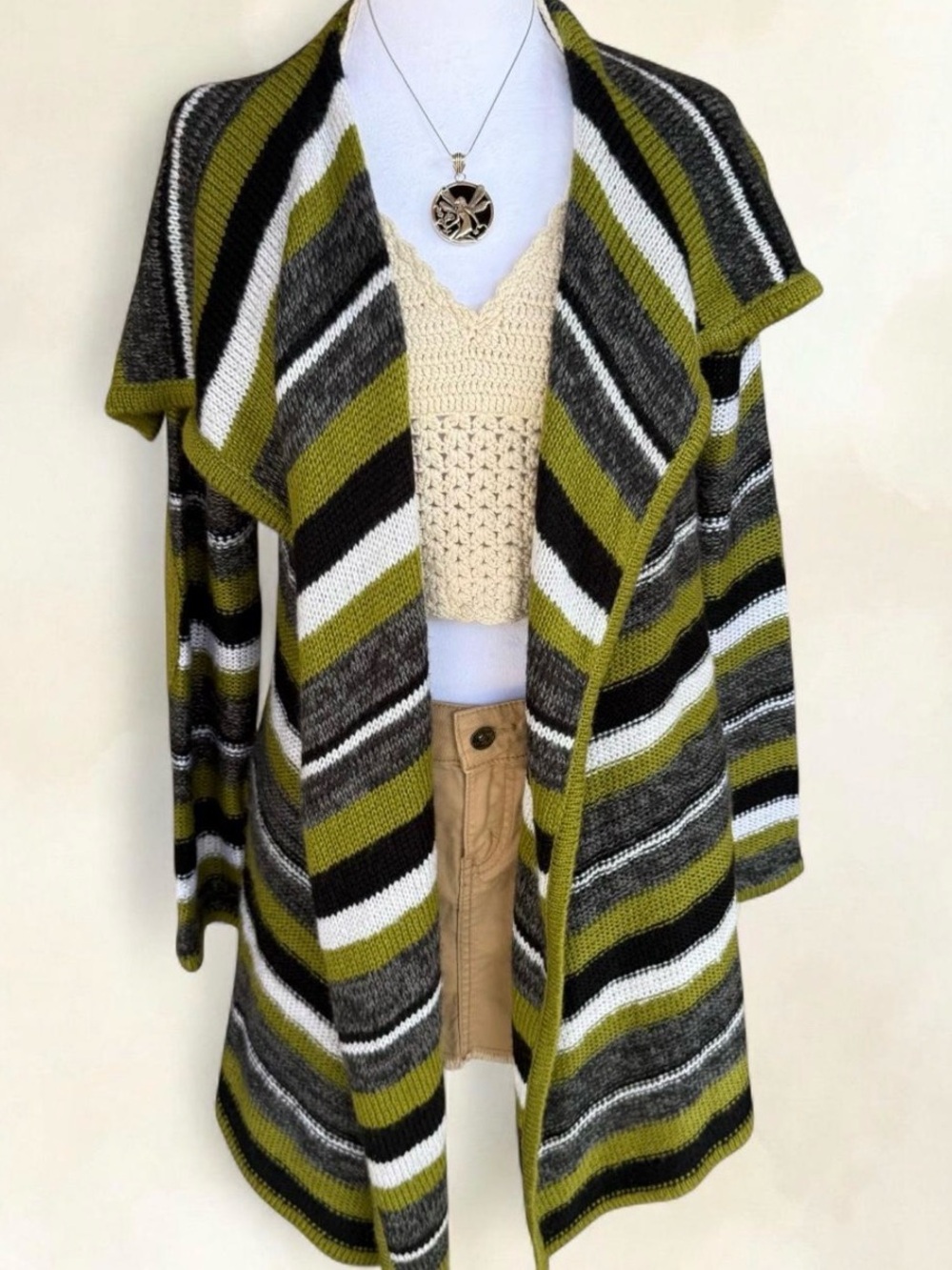 Joseph A Olive, Gray, Black & White Striped Open-Front Cardigan